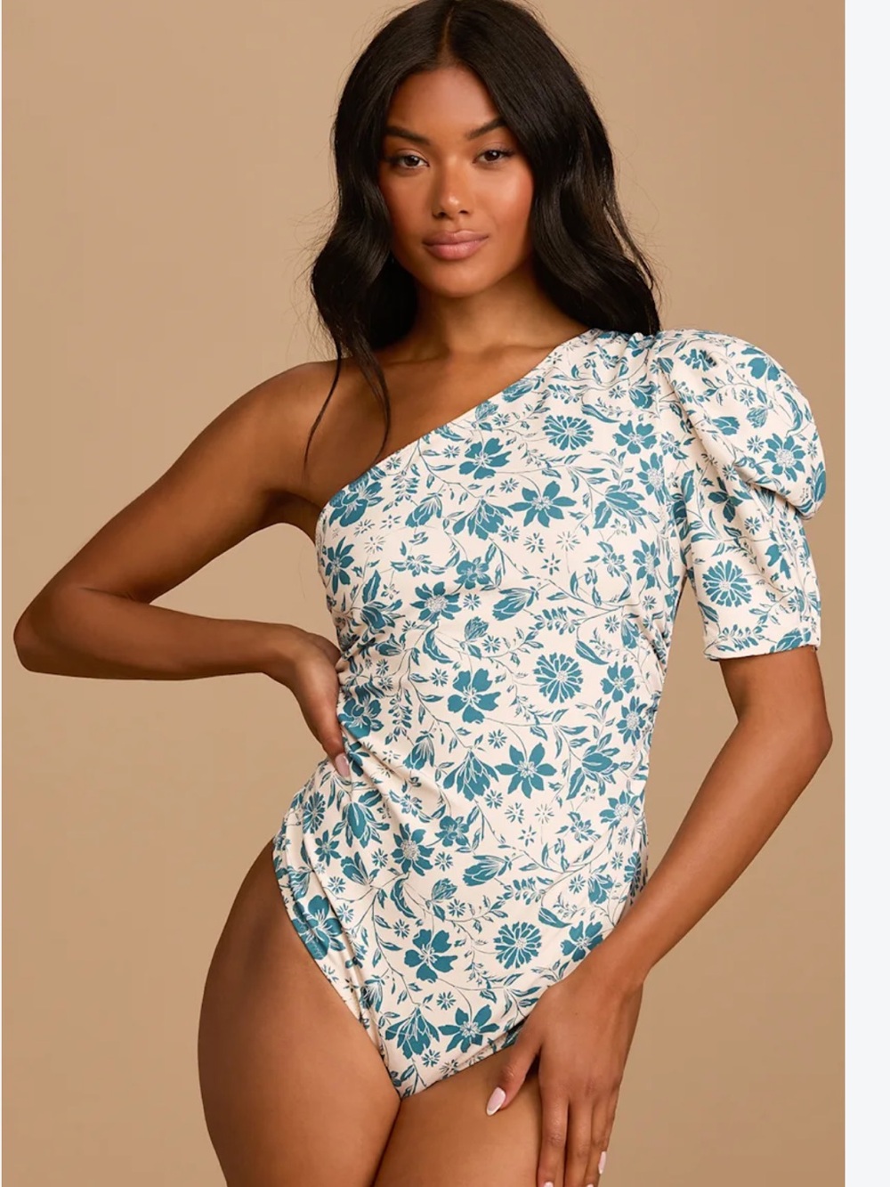 Free People One-Shoulder Floral Bodysuit in Teal & Cream